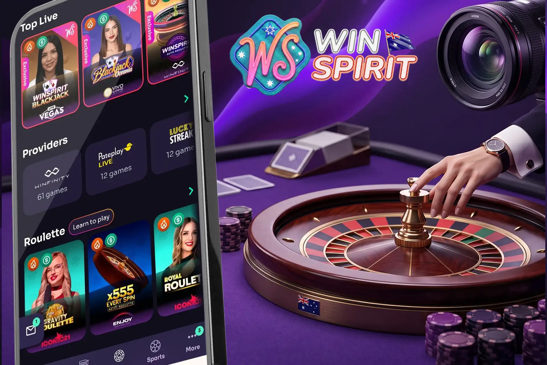Immersive live dealer tables and real-time casino games, featuring a wooden roulette wheel and a mobile screen with live blackjack and roulette options